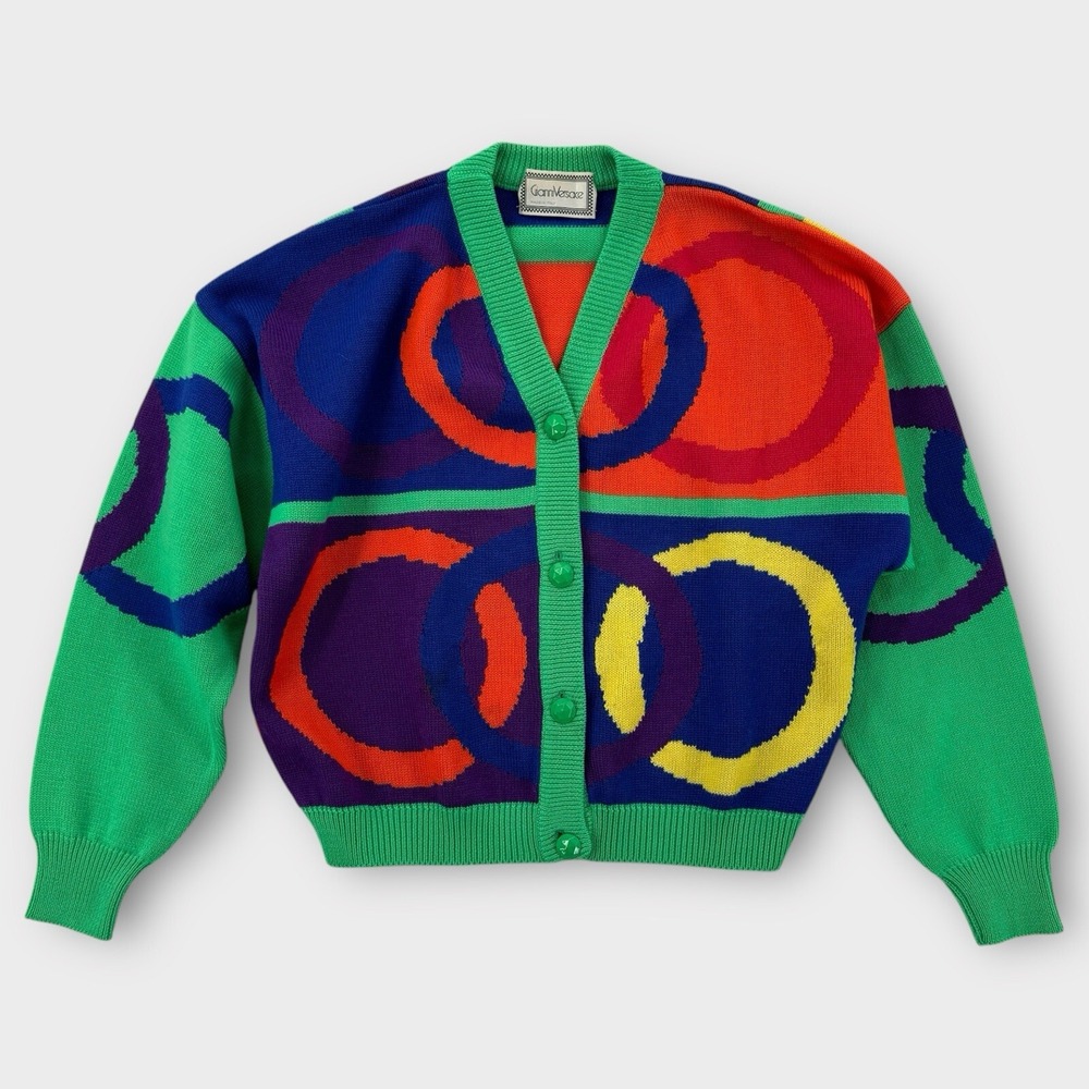 Vintage Gianni Versace Cardigan Womens 0 Small Wool Color Block‎ Jacket Colorful